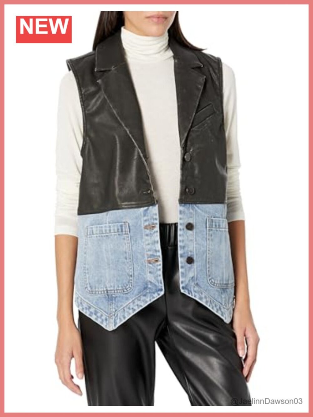 Oversized Vegan Leather and Denim Vest Button V-Neck Loose Fit